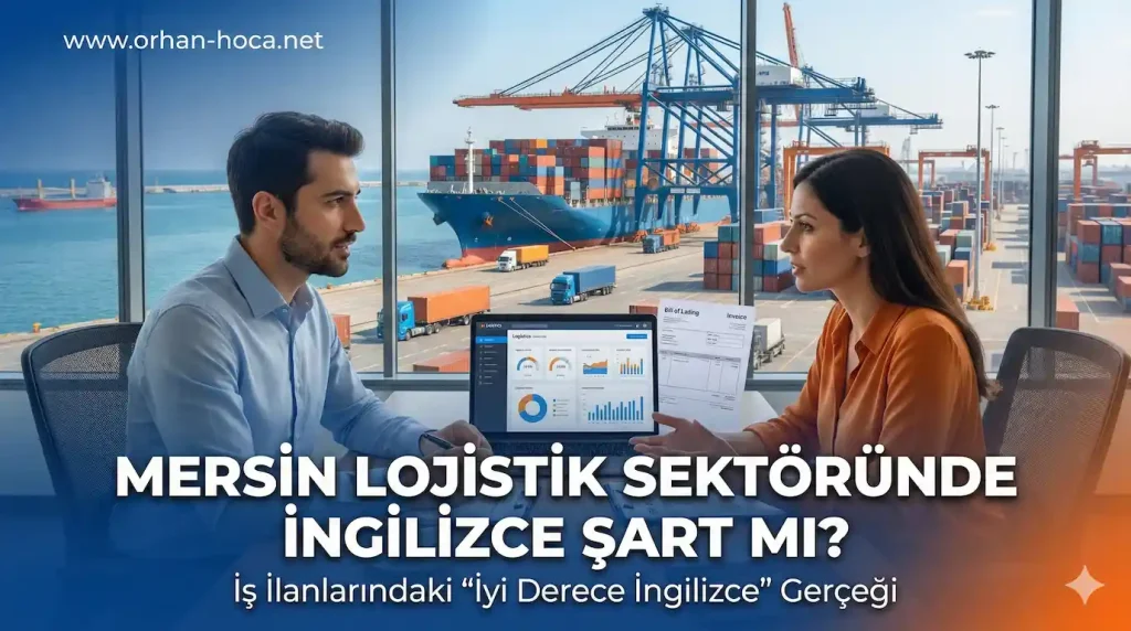 Mersin limanı ve konteyner terminali manzaralı profesyonel bir ofis ortamında, lojistik sektörü iş ilanlarındaki İngilizce gereksinimleri üzerine Orhan Hoca ile yapılan İngilizce özel ders ve operasyonel analiz sahnesi.