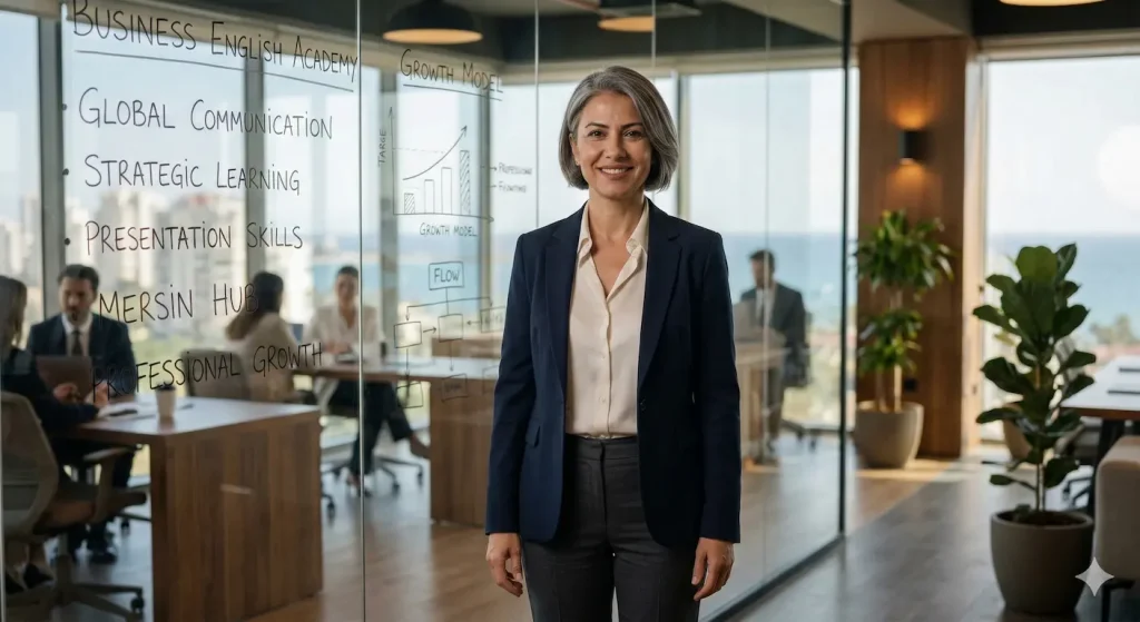 Modern ve deniz manzaralı bir ofis ortamında, cam bölme önünde duran güler yüzlü profesyonel kadın İngilizce eğitmeni. Arka plandaki cam tahtada 'Business English Academy', 'Strategic Learning' ve 'Mersin Hub' yazılı iş İngilizcesi şemaları ve eğitim notları görülüyor.