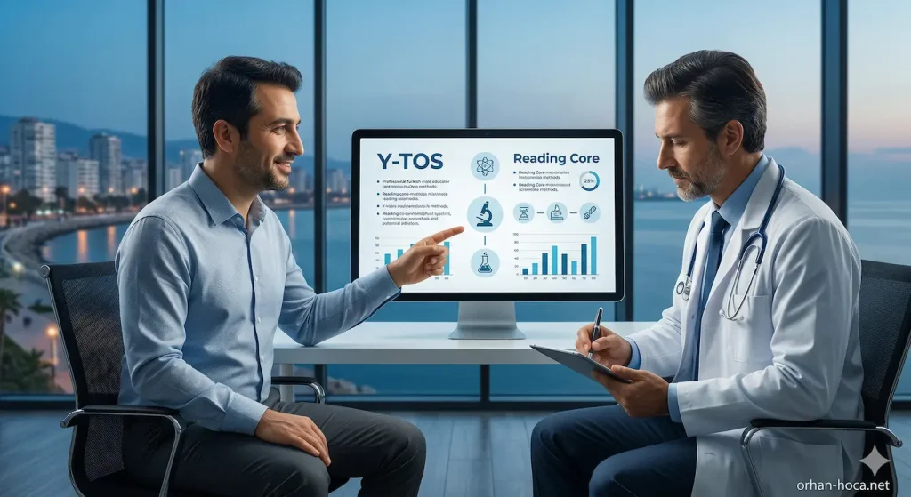 Orhan Hoca, Mersin Yenişehir'deki ofisinde bir doktora YÖKDİL sağlık bilimleri özel dersi ve stratejik eğitim koçluğu verirken.